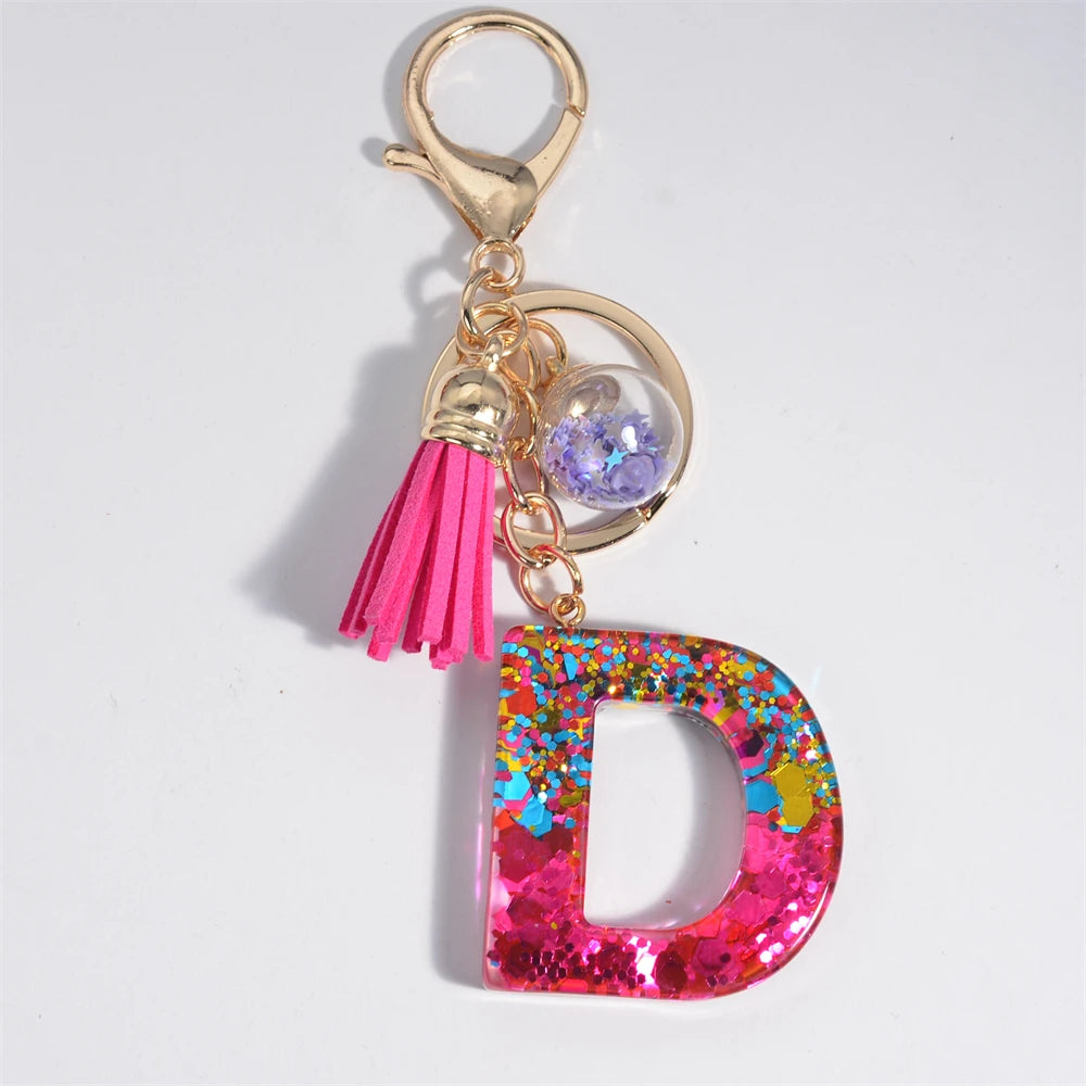 Mystery Star Ball 26 Letters Tassel Fuchsia Keychain
