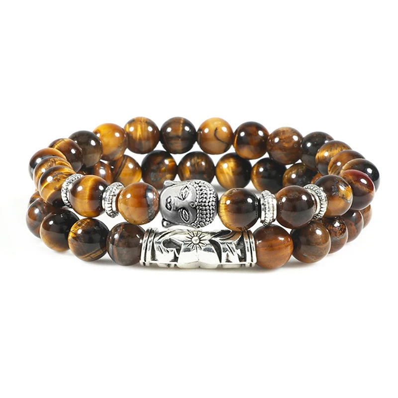 Buddha Head Charm Natural Stone 2pcs Bracelet Set