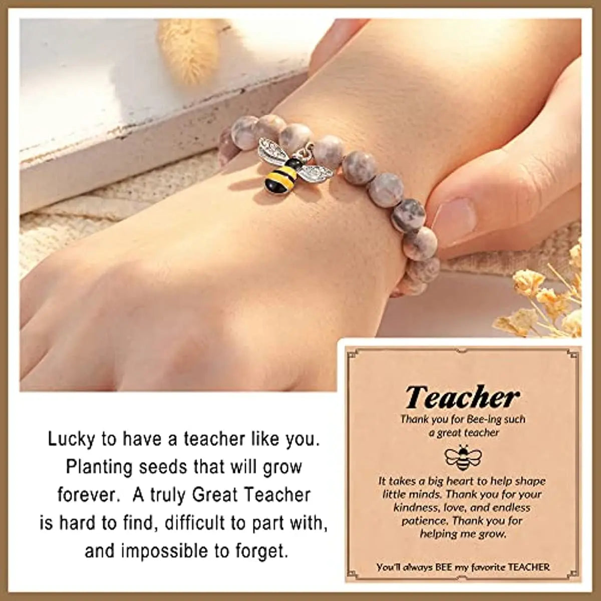 Sophisticated Educator Bee Pendant Healing Spiritual Bracelet with Card