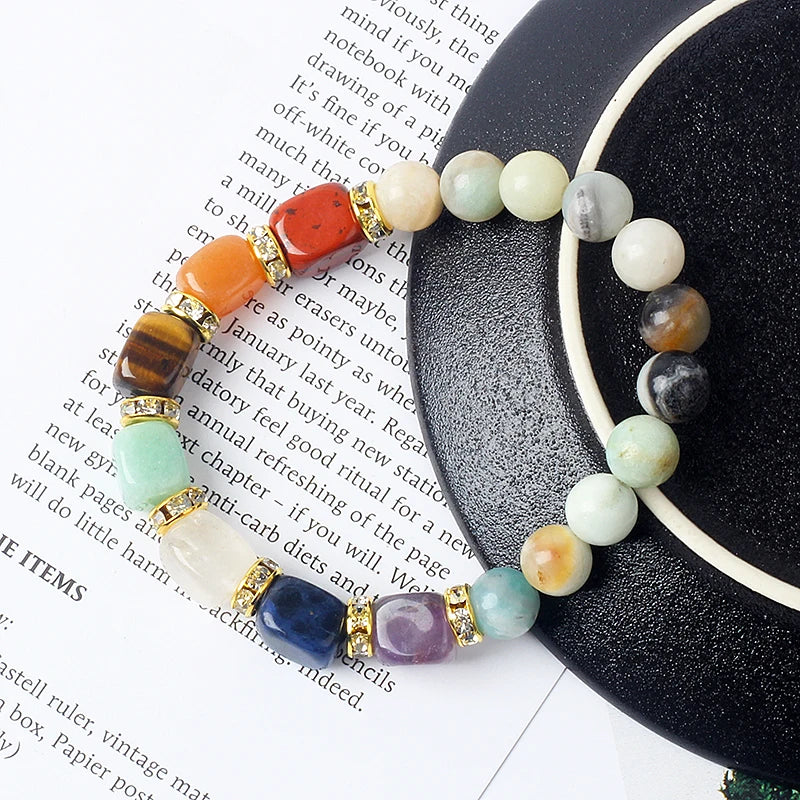 Gold Studded Crystal Bar & Ball Natural Stone 7 Chakra Bracelets