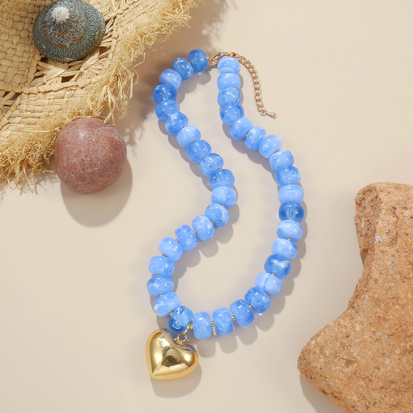 Colorful Crystal Beaded Choker Necklace 14K Gold Plated Heart Pendant