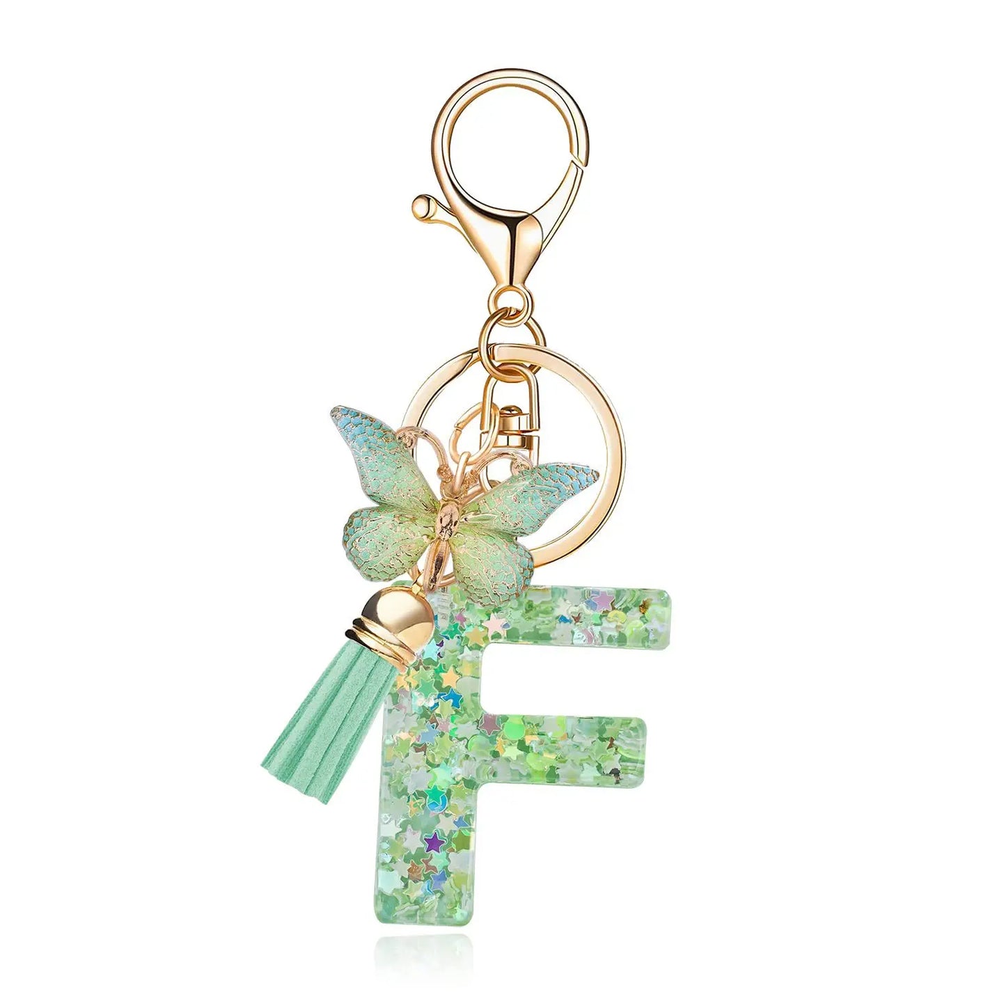 Spring Green Color Glitter Initial Letter Key Chain With Butterfly Tassel Pendant ﻿