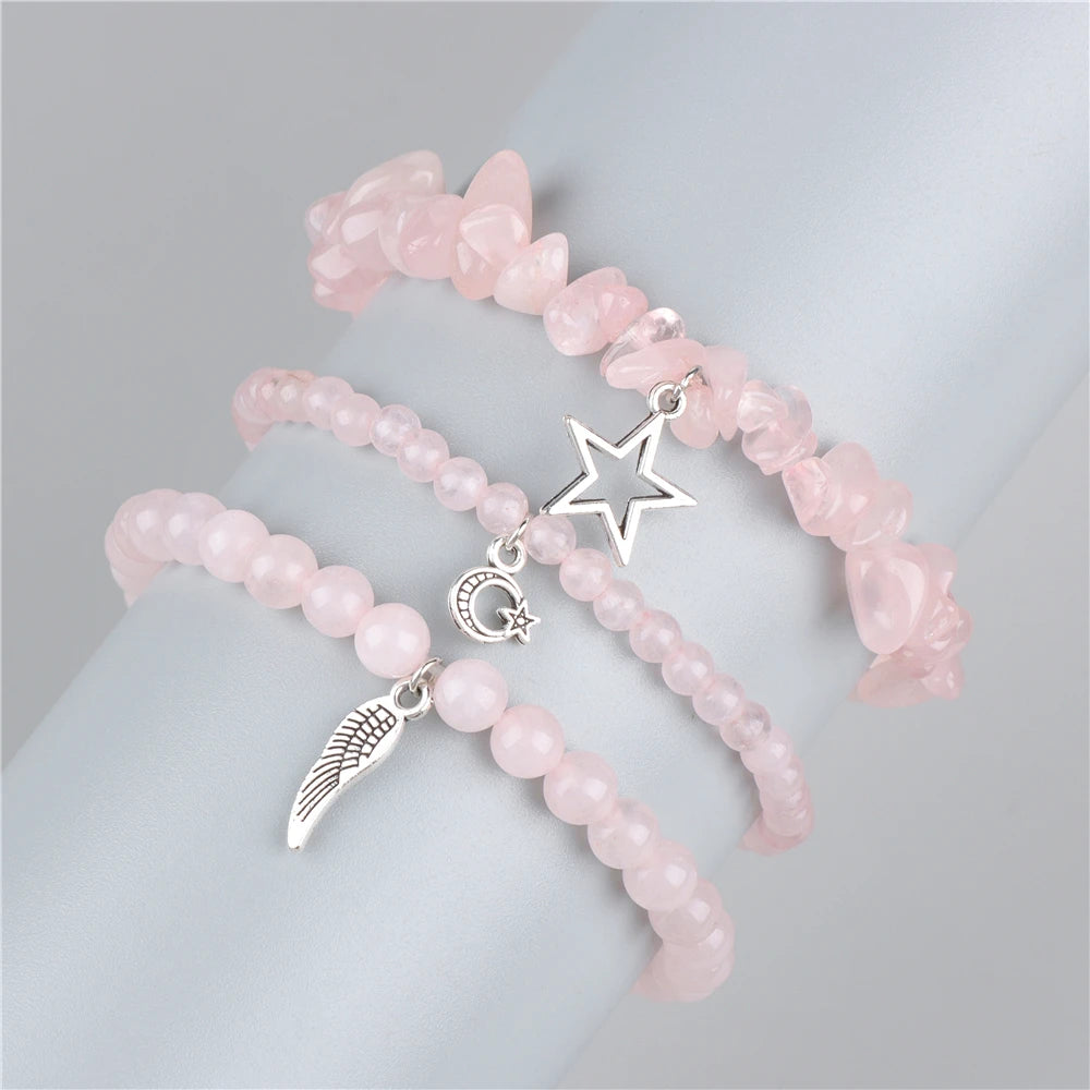 Natural Stone Healing Star Moon Feather Pendant Bracelets Sets