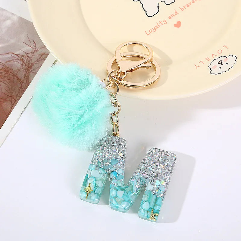 Aqua Flow 26 Initials Letter Key Pendant With Green Blue Fluffy Pompom