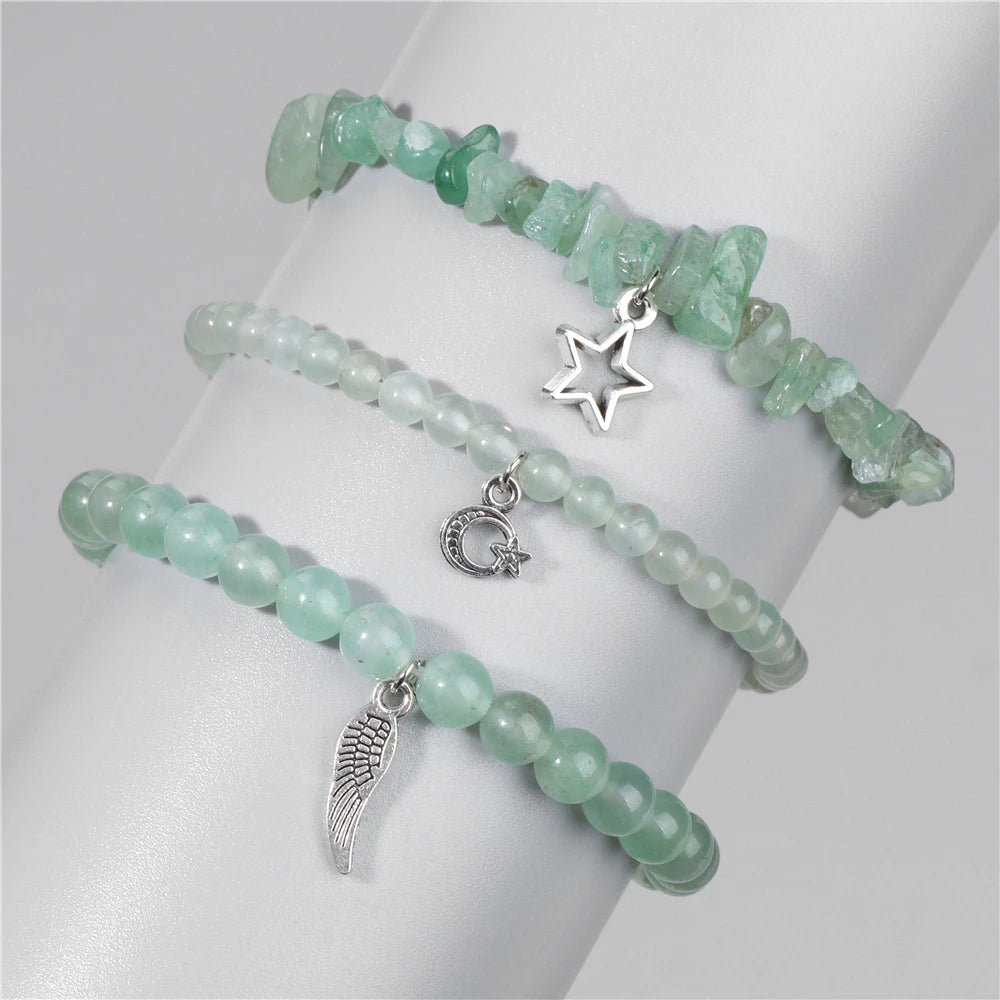 Natural Stone Healing Star Moon Feather Pendant Bracelets Sets