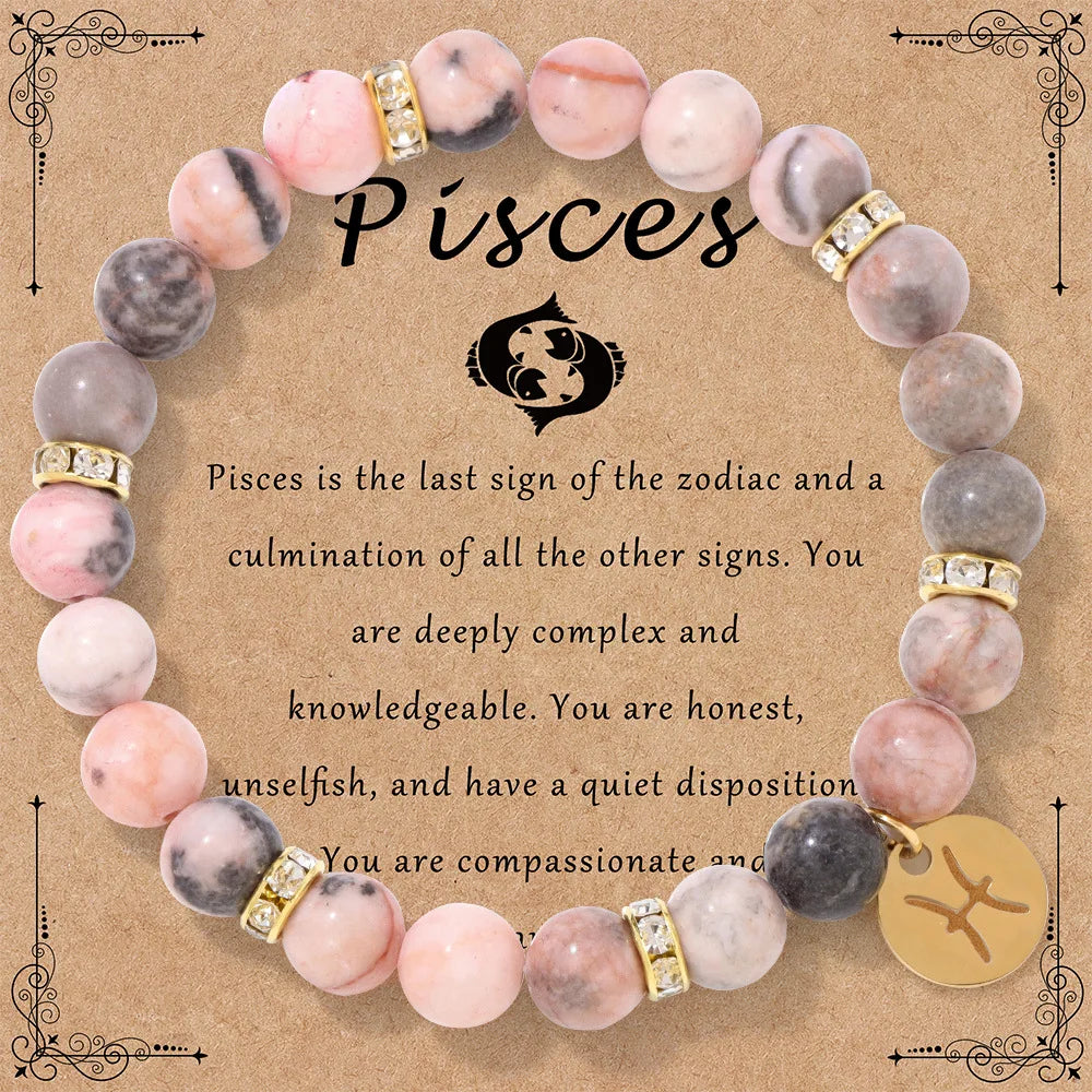 Pink Zebra Stone 12 Star Constellation Sign Beaded Bracelets