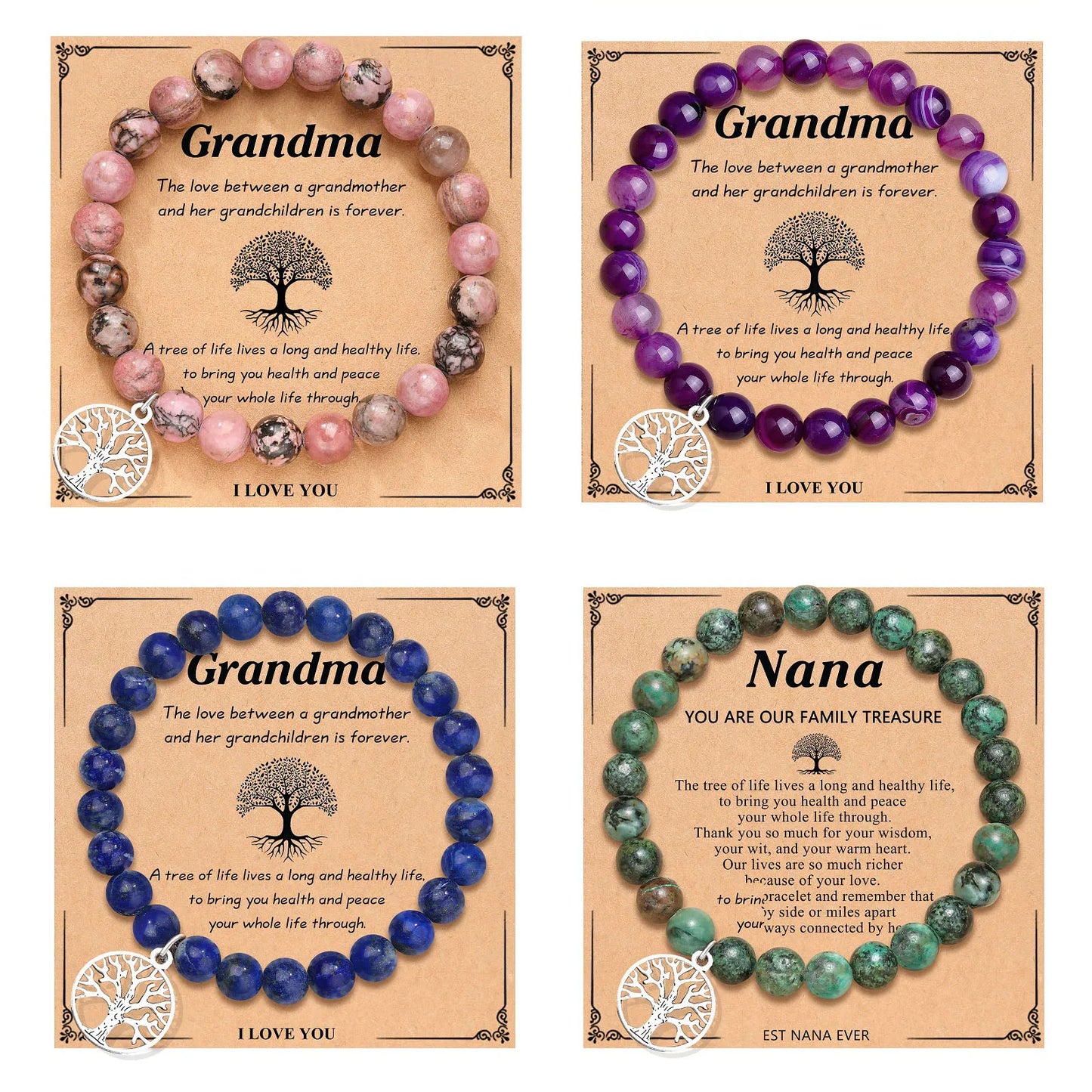 Honor The Grands Natural Stone Tree of Life Charm Bracelet Cards
