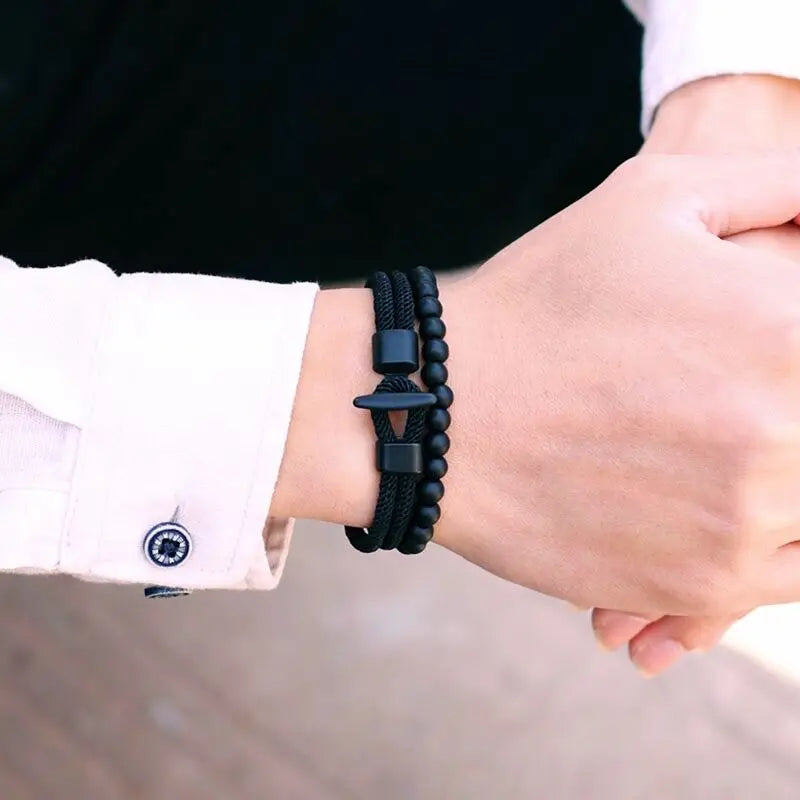 Duo Onyx Stone Beaded & Rope Pirate Bracelets