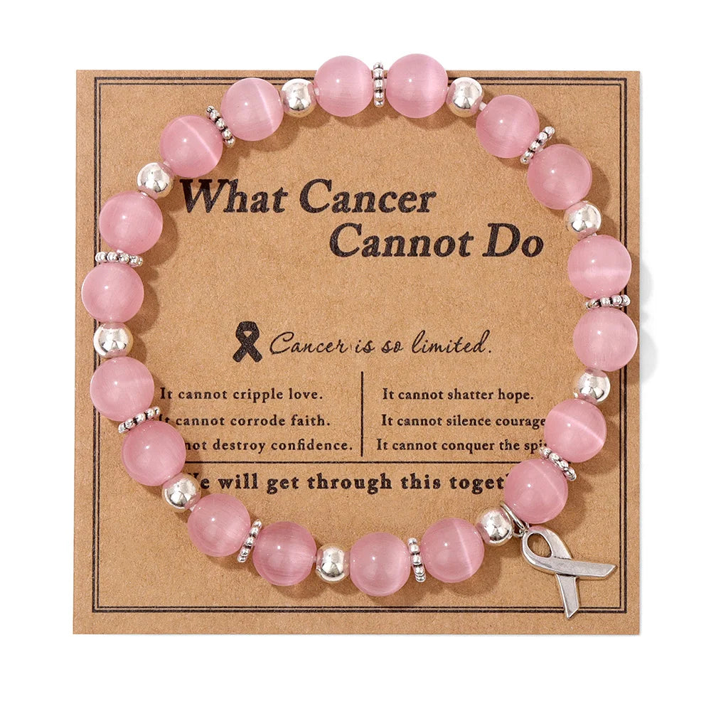 Pink Care Health Ribbon Charm Natural Stone Bracelet