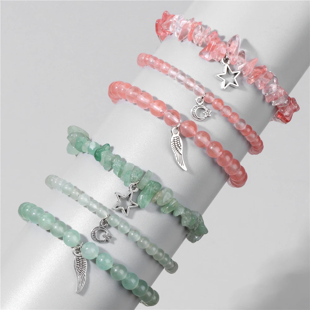 Natural Stone Healing Star Moon Feather Pendant Bracelets Sets