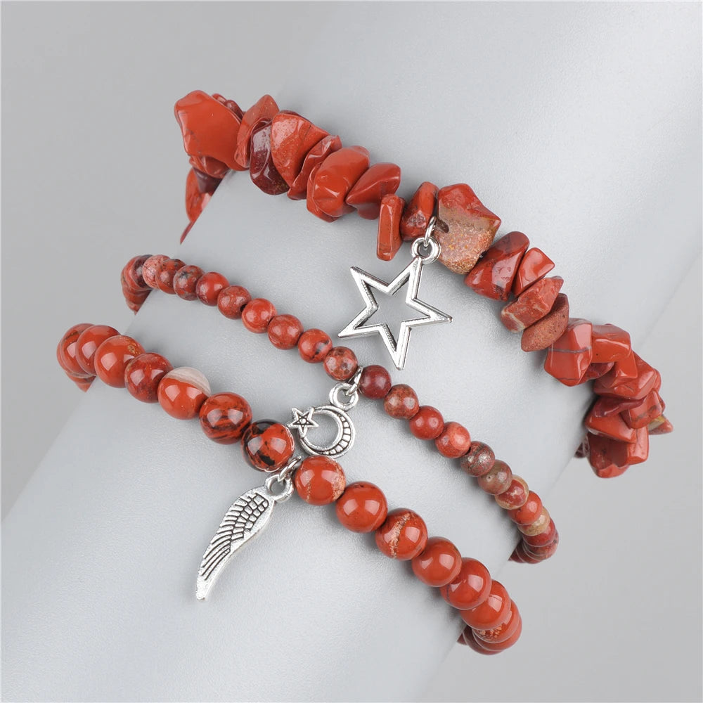 Natural Stone Healing Star Moon Feather Pendant Bracelets Sets