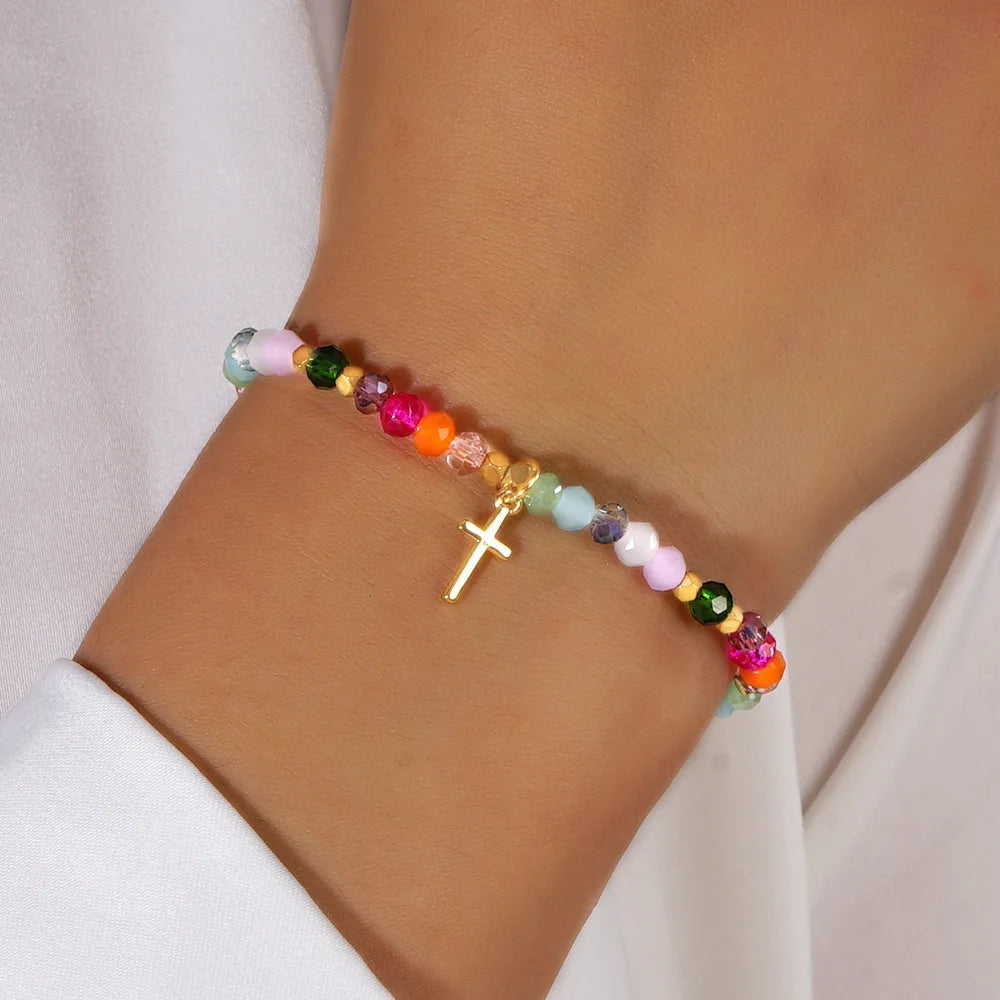 Gorgeous 18k Gold Cross Crystal Beads Bracelet
