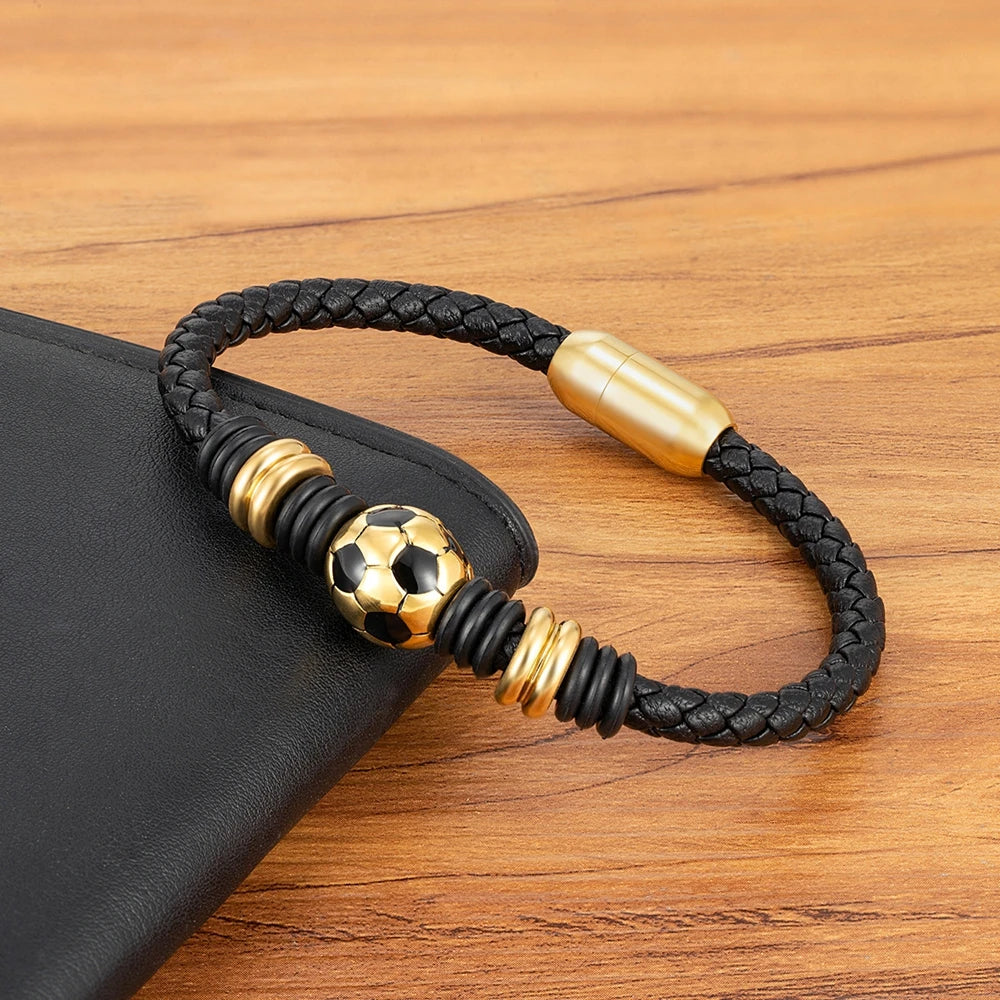 Black Hand-woven Football Ball Charm Leather Bracelet