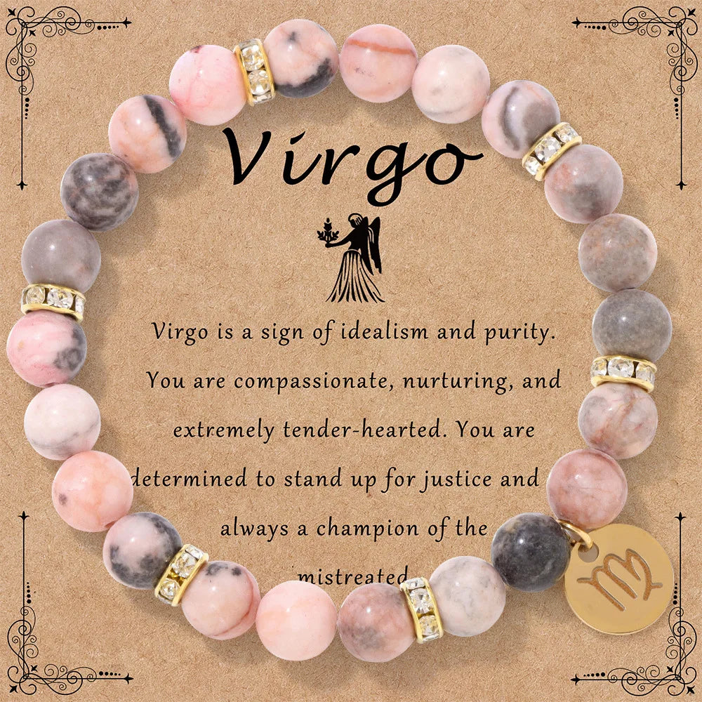 Pink Zebra Stone 12 Star Constellation Sign Beaded Bracelets