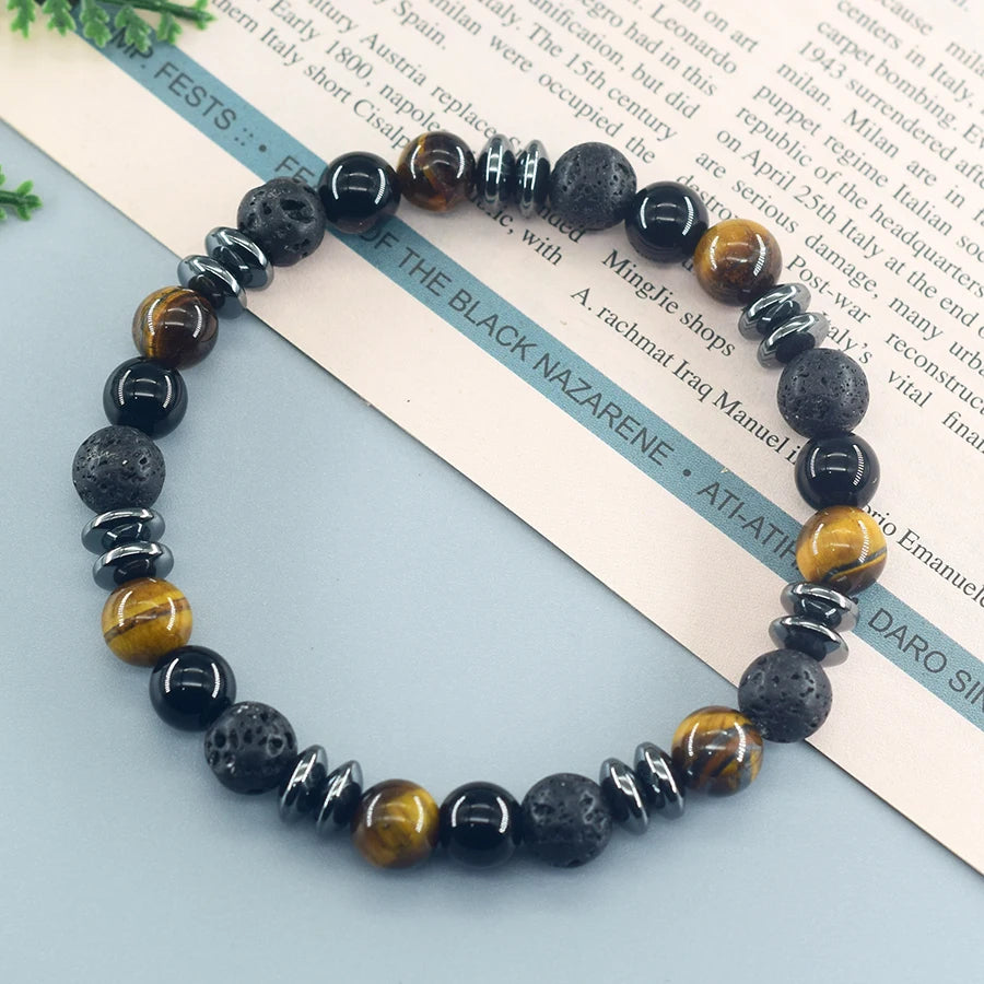 Dark Series Black Natural Labradorite Stone Lava Bead Bracelets
