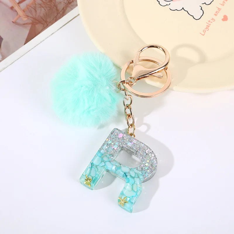 Aqua Flow 26 Initials Letter Key Pendant With Green Blue Fluffy Pompom
