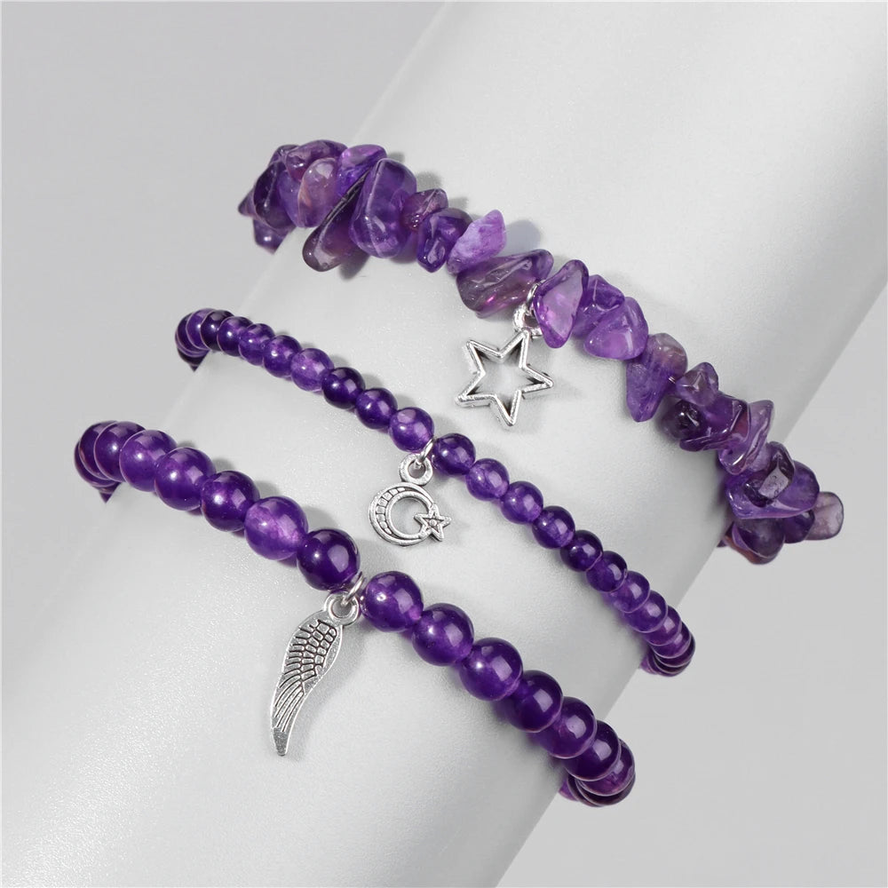 Natural Stone Healing Star Moon Feather Pendant Bracelets Sets