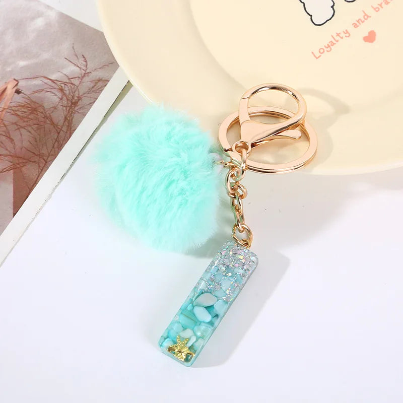 Aqua Flow 26 Initials Letter Key Pendant With Green Blue Fluffy Pompom