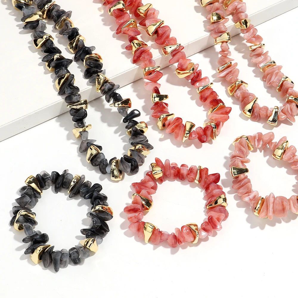 Gold Colorful Chip Stone Beads Necklace Bracelet Sets