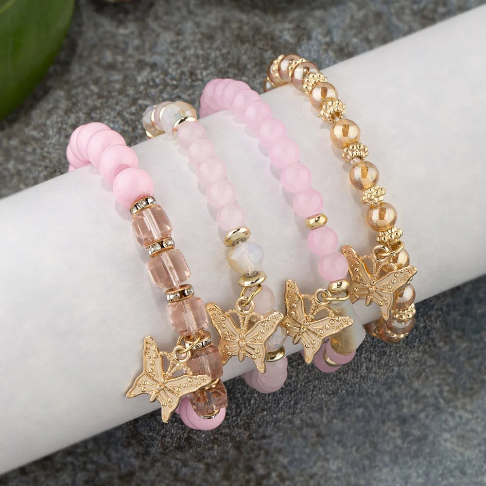Hanging Butterfly Charm Beaded Bracelet Set