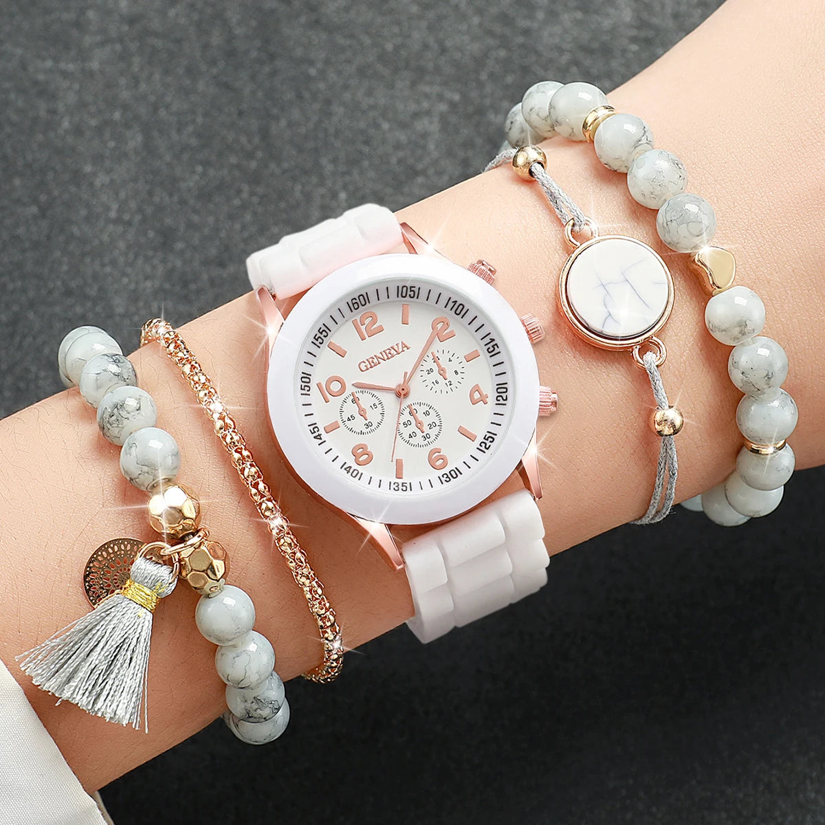 Black White & Gold Band Quartz Watch and Beaded Bracelet Sets