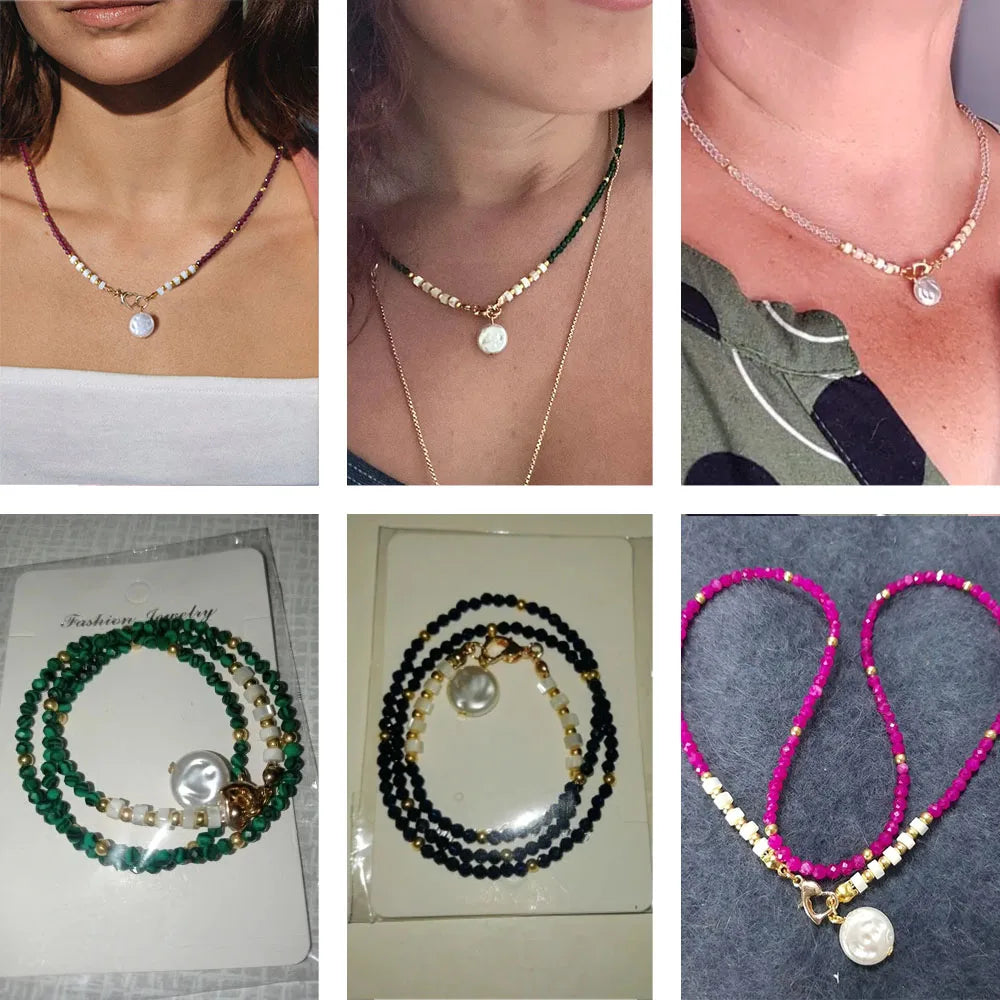 Pearl Pendant Natural Stone Beaded Heart Buckle Necklaces