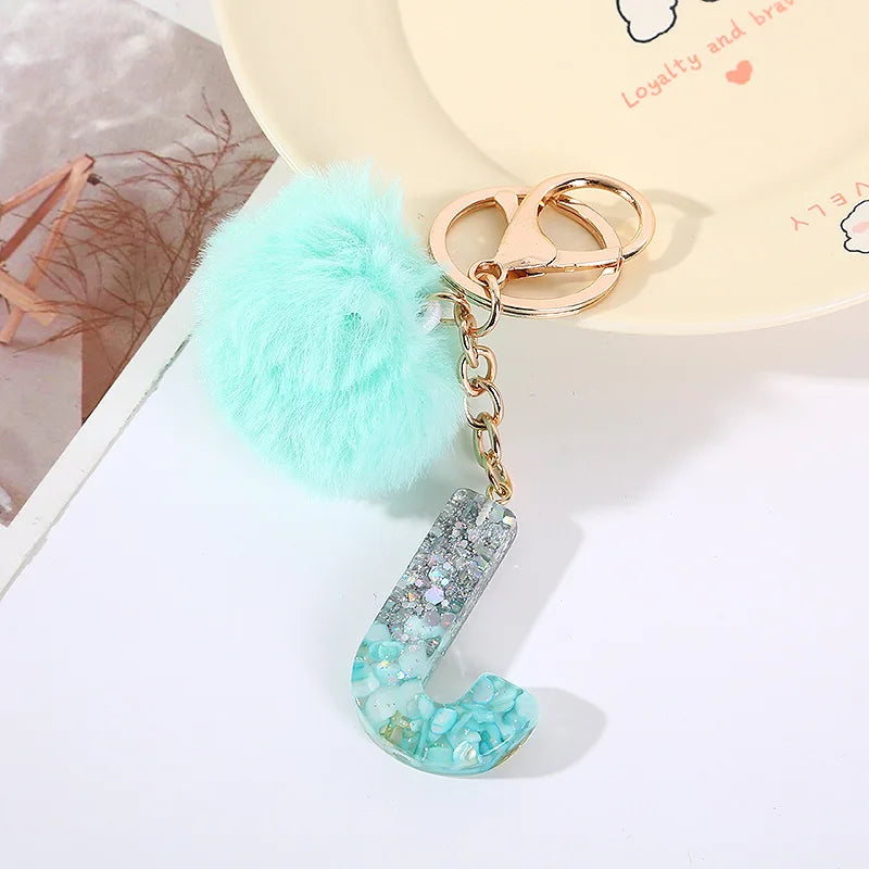 Aqua Flow 26 Initials Letter Key Pendant With Green Blue Fluffy Pompom
