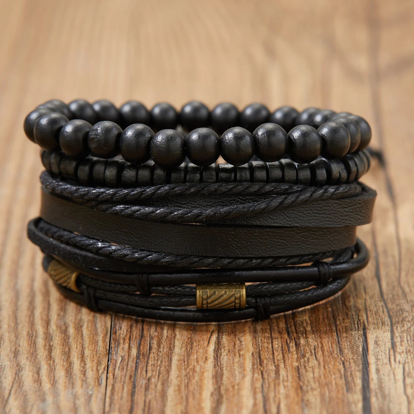 Black Brown & White Braided Leather Wood Bracelet Sets