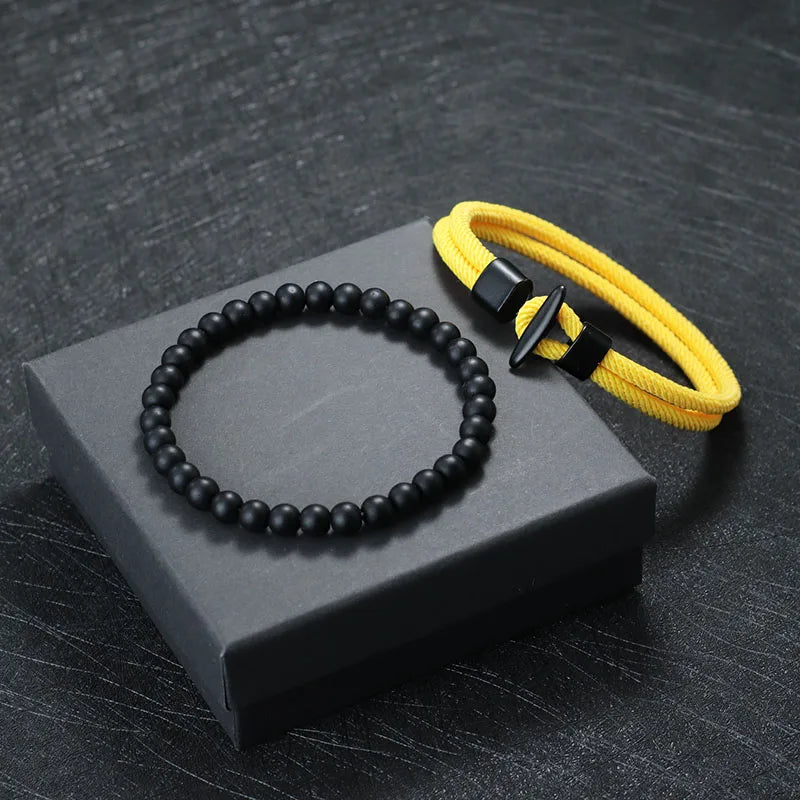 Duo Onyx Stone Beaded & Rope Pirate Bracelets