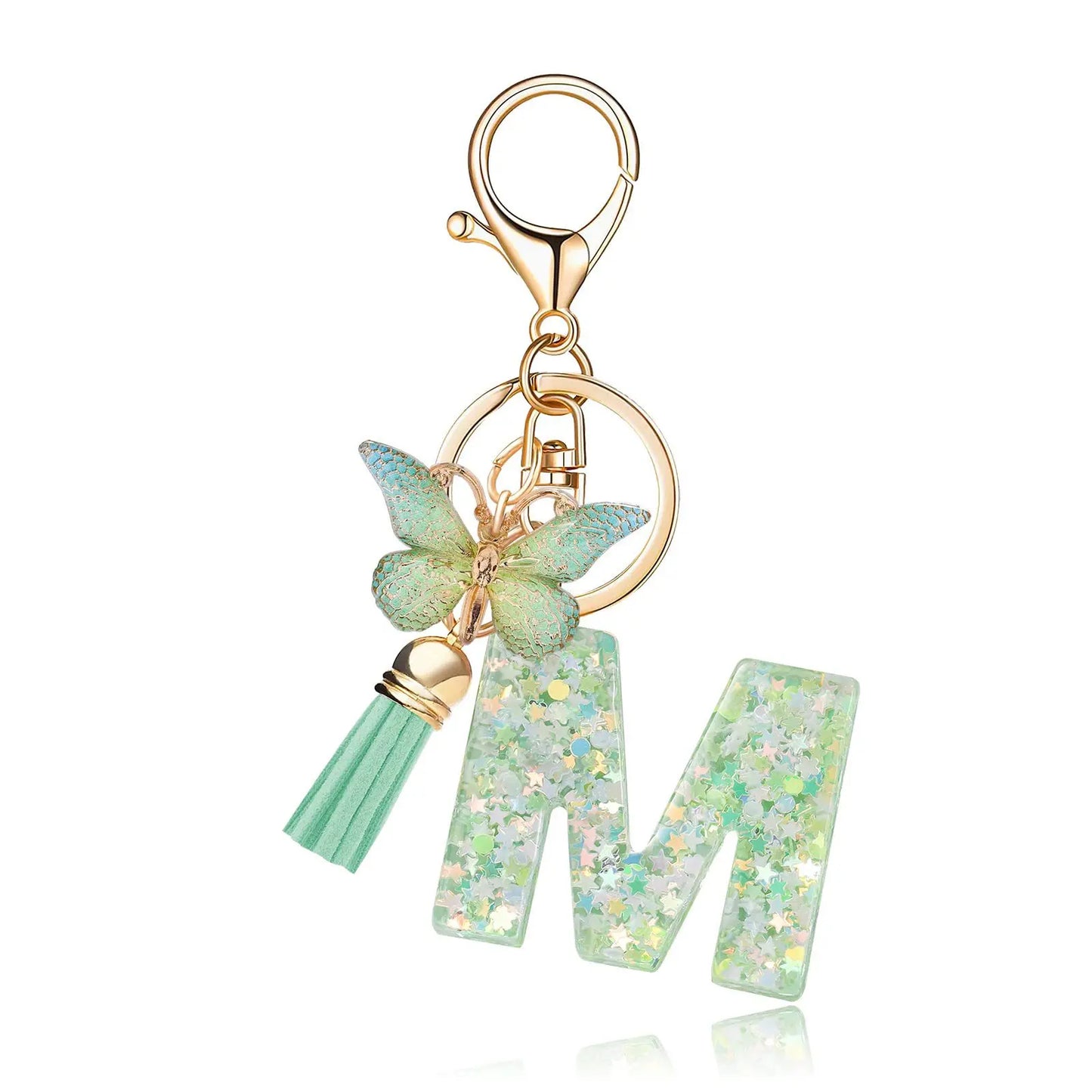 Spring Green Color Glitter Initial Letter Key Chain With Butterfly Tassel Pendant ﻿