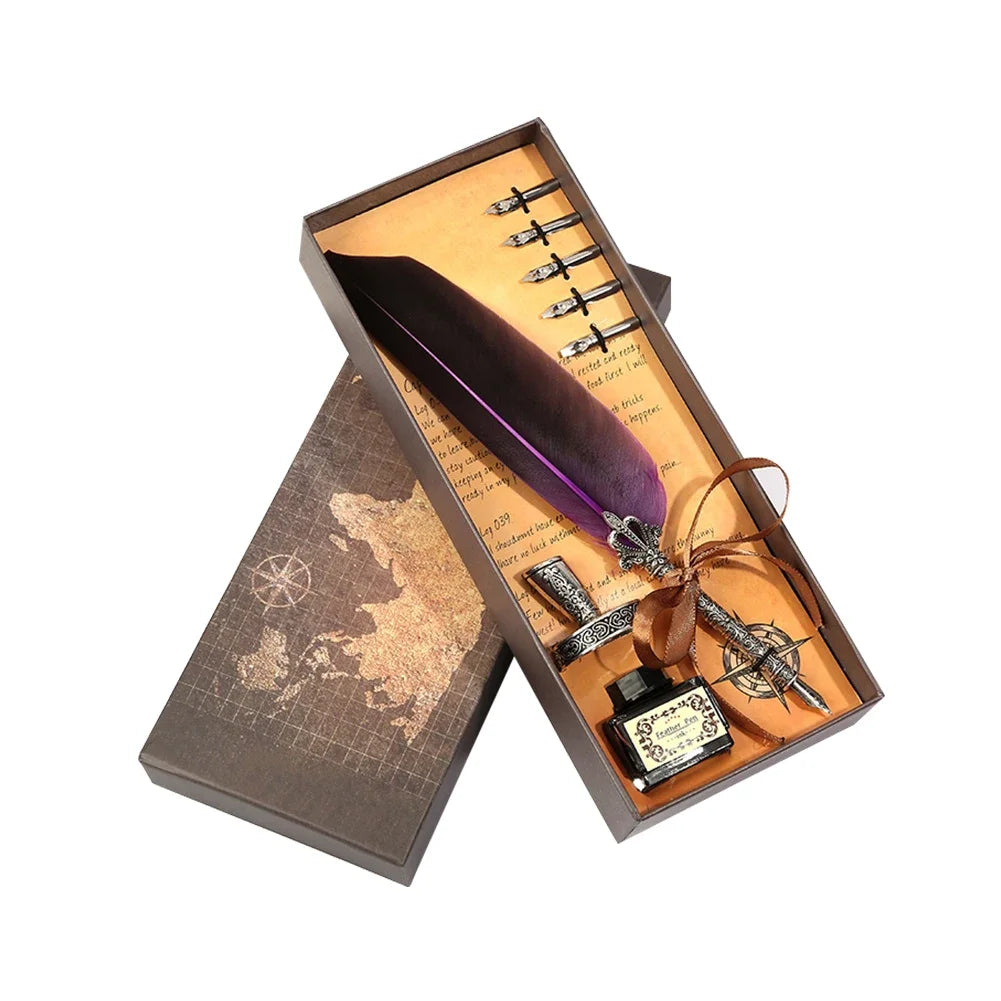 Exquisite Antique Feather Dip Writing Ink Treasure Set