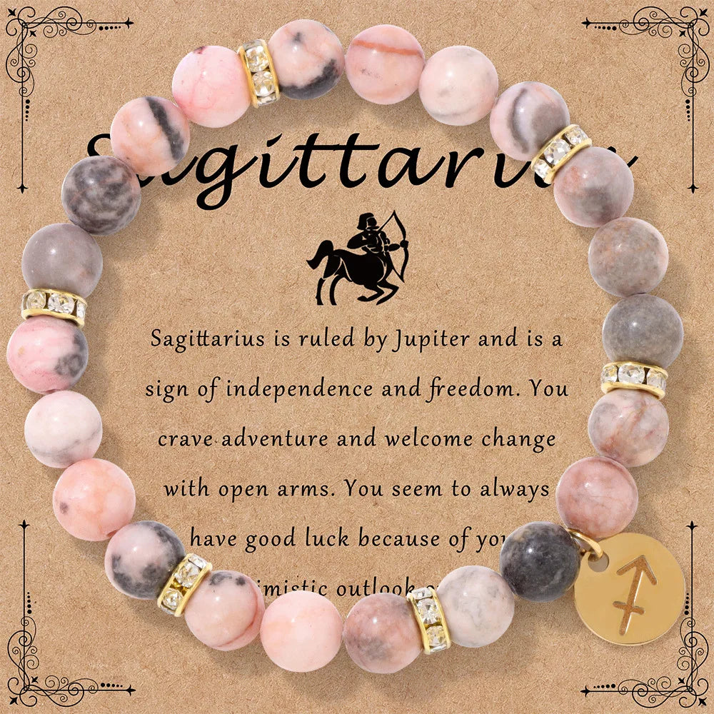 Pink Zebra Stone 12 Star Constellation Sign Beaded Bracelets