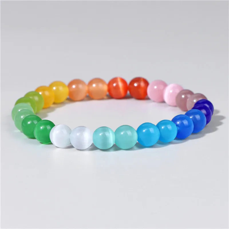 Vibrant Rainbow Pastel Color Cat Eye Stone Beads Bracelets