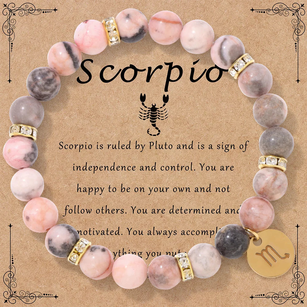 Pink Zebra Stone 12 Star Constellation Sign Beaded Bracelets
