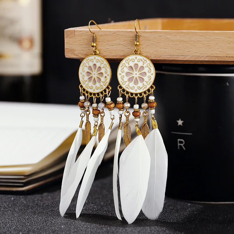 Beautiful Round Feather Tassel Bead Earrings