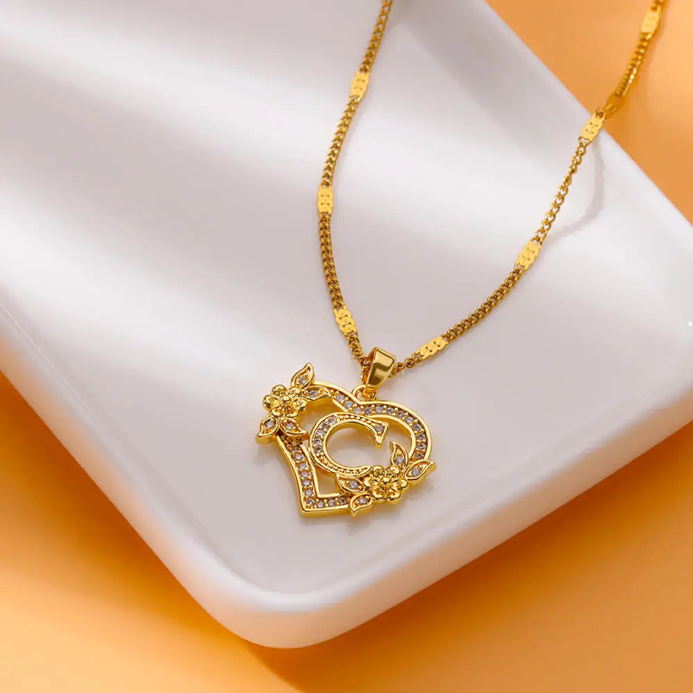 Beautiful Flower Heart Initials Necklaces