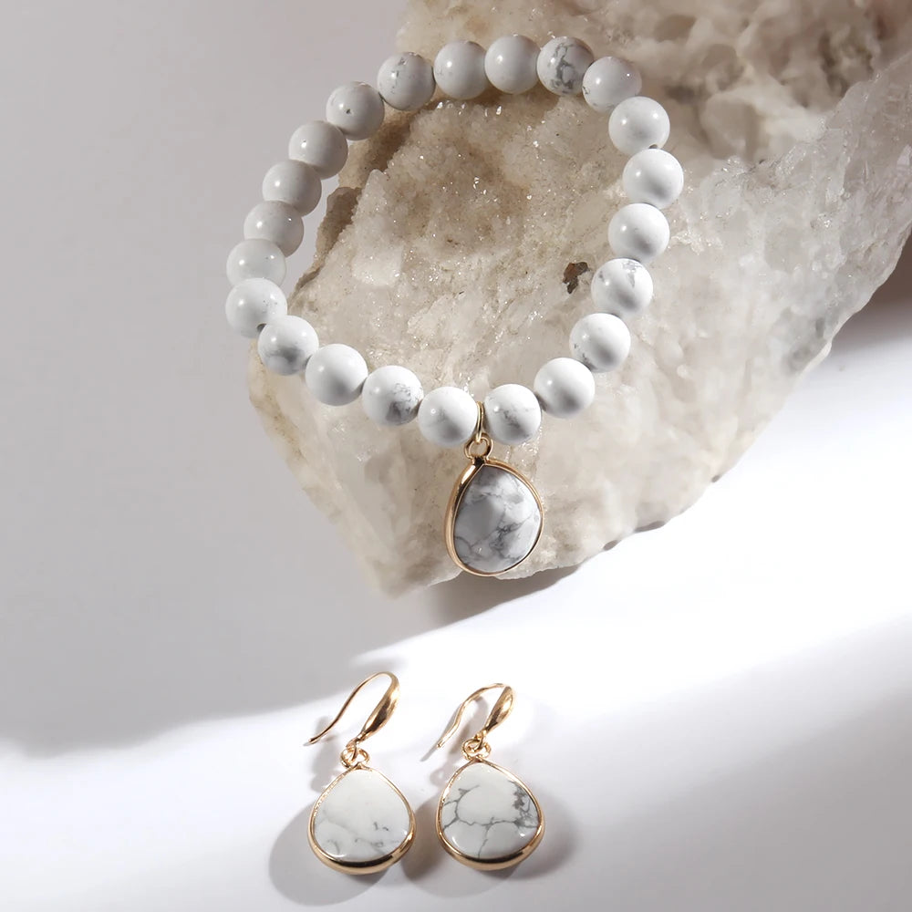 Gorgeous Stone Beaded Bracelet & Stone Drop Charm Earring Sets