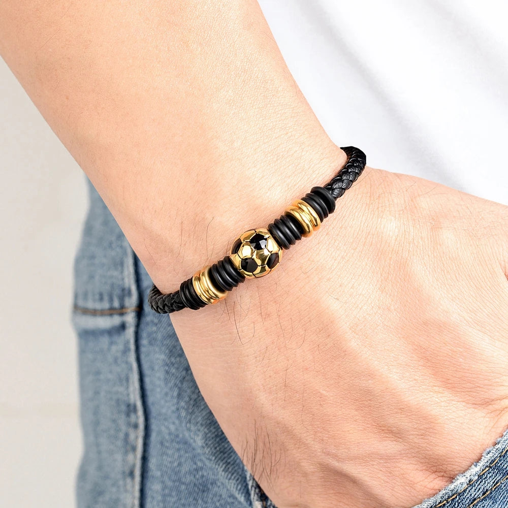 Black Hand-woven Football Ball Charm Leather Bracelet