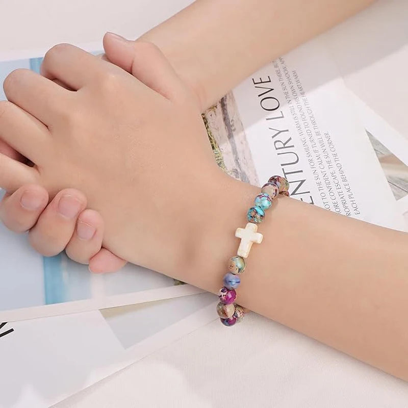 Beautiful Colorful Imperial Stone Faith Cross Bracelet