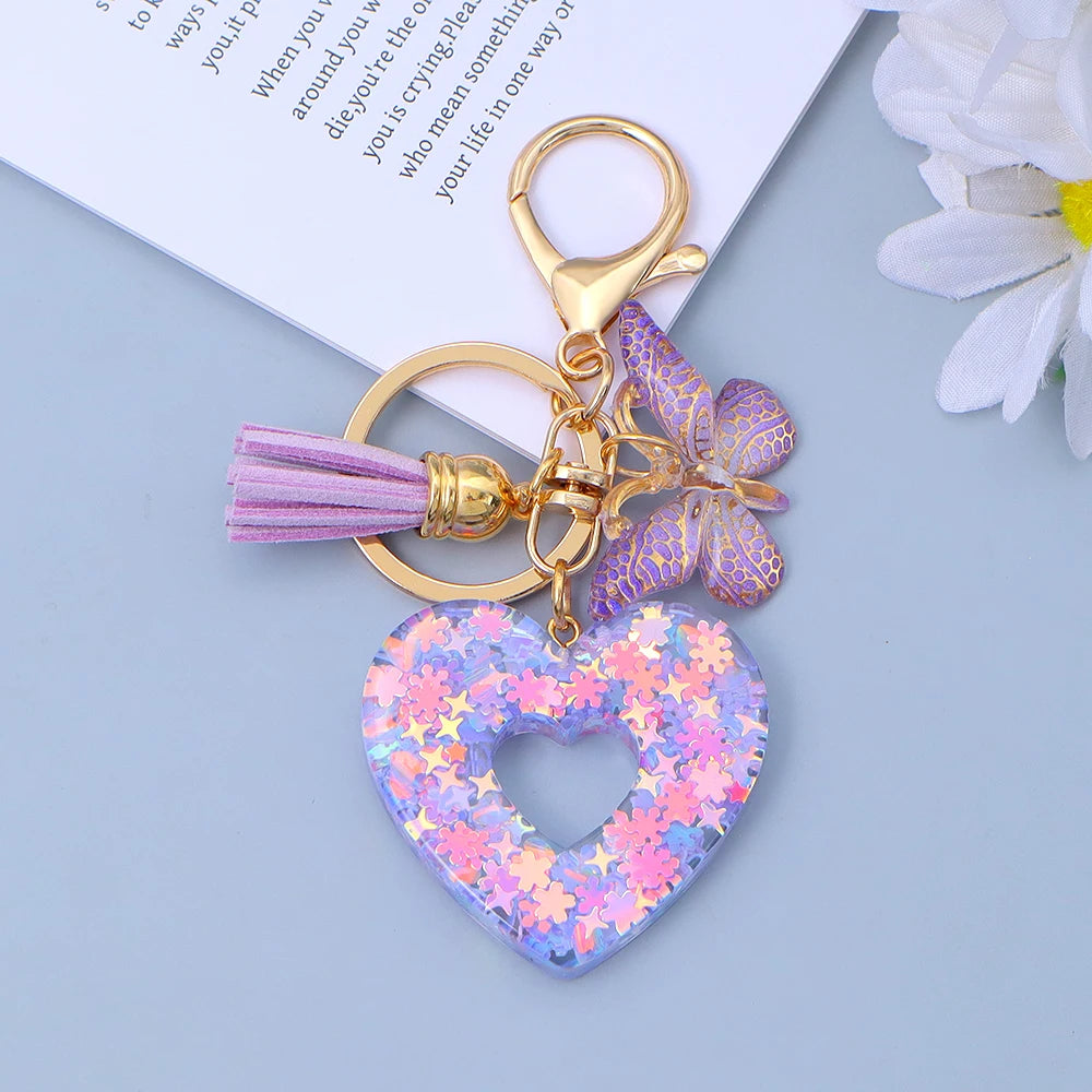 Creative Sequin Love Heart Keychain with Cute Butterfly Tassel