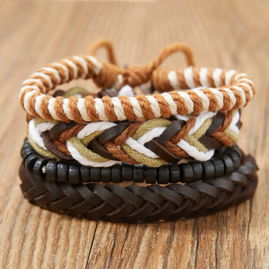 Black Brown & White Braided Leather Wood Bracelet Sets