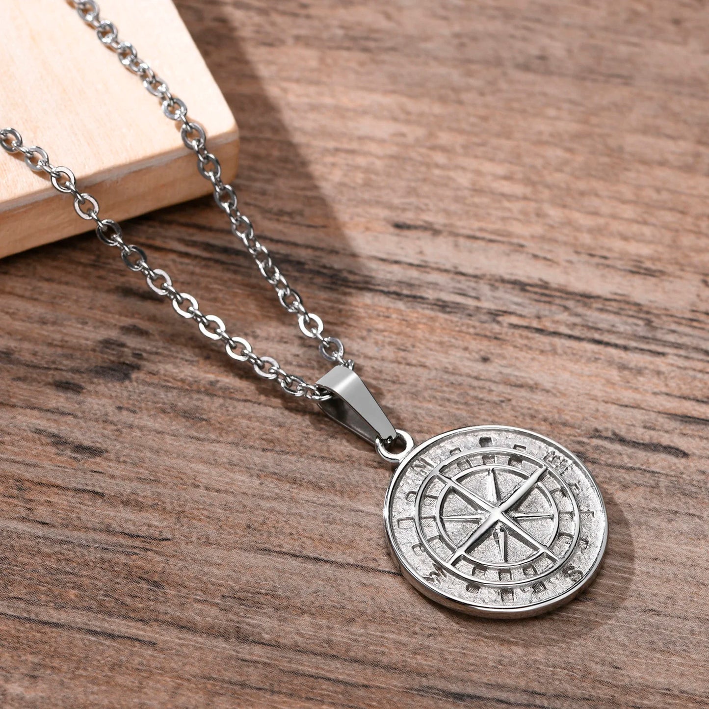 Travel Compass Pendant Cuban Figaro Wheat Chain