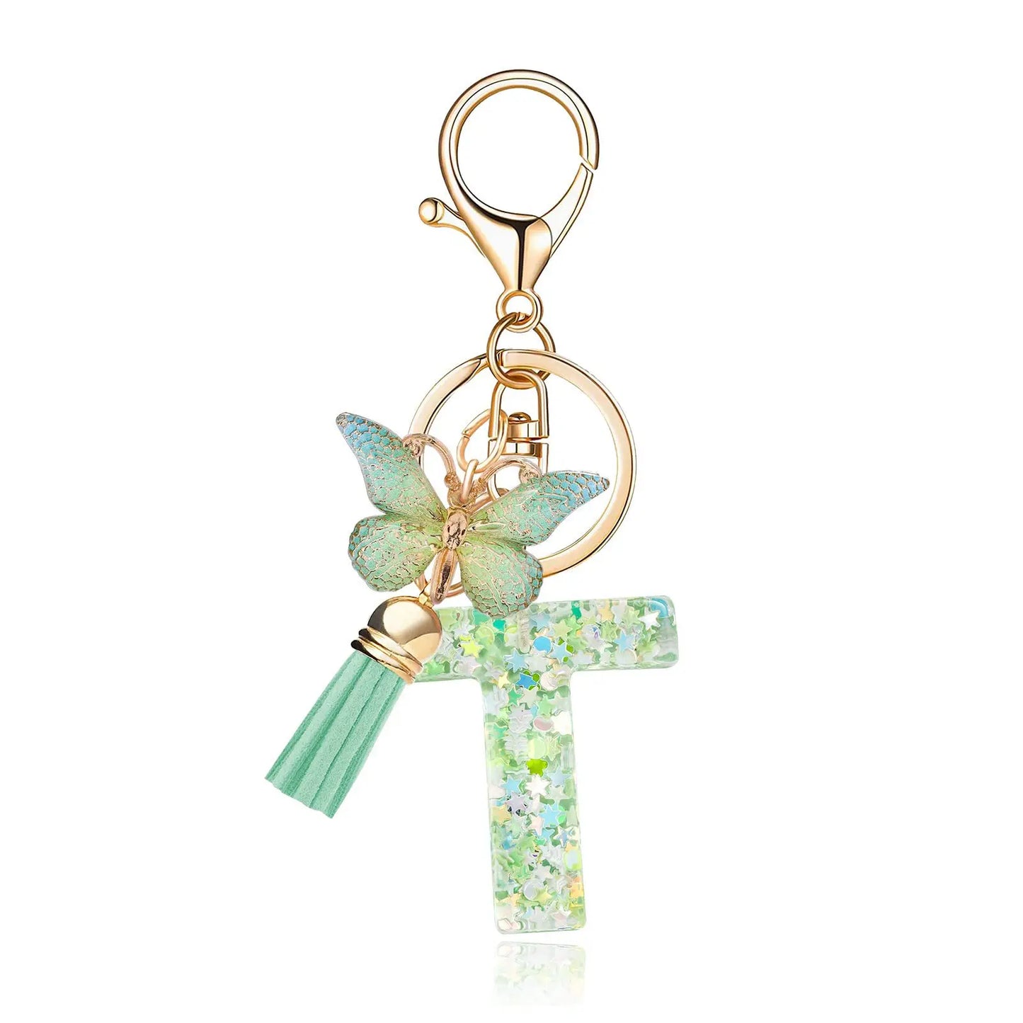 Spring Green Color Glitter Initial Letter Key Chain With Butterfly Tassel Pendant ﻿