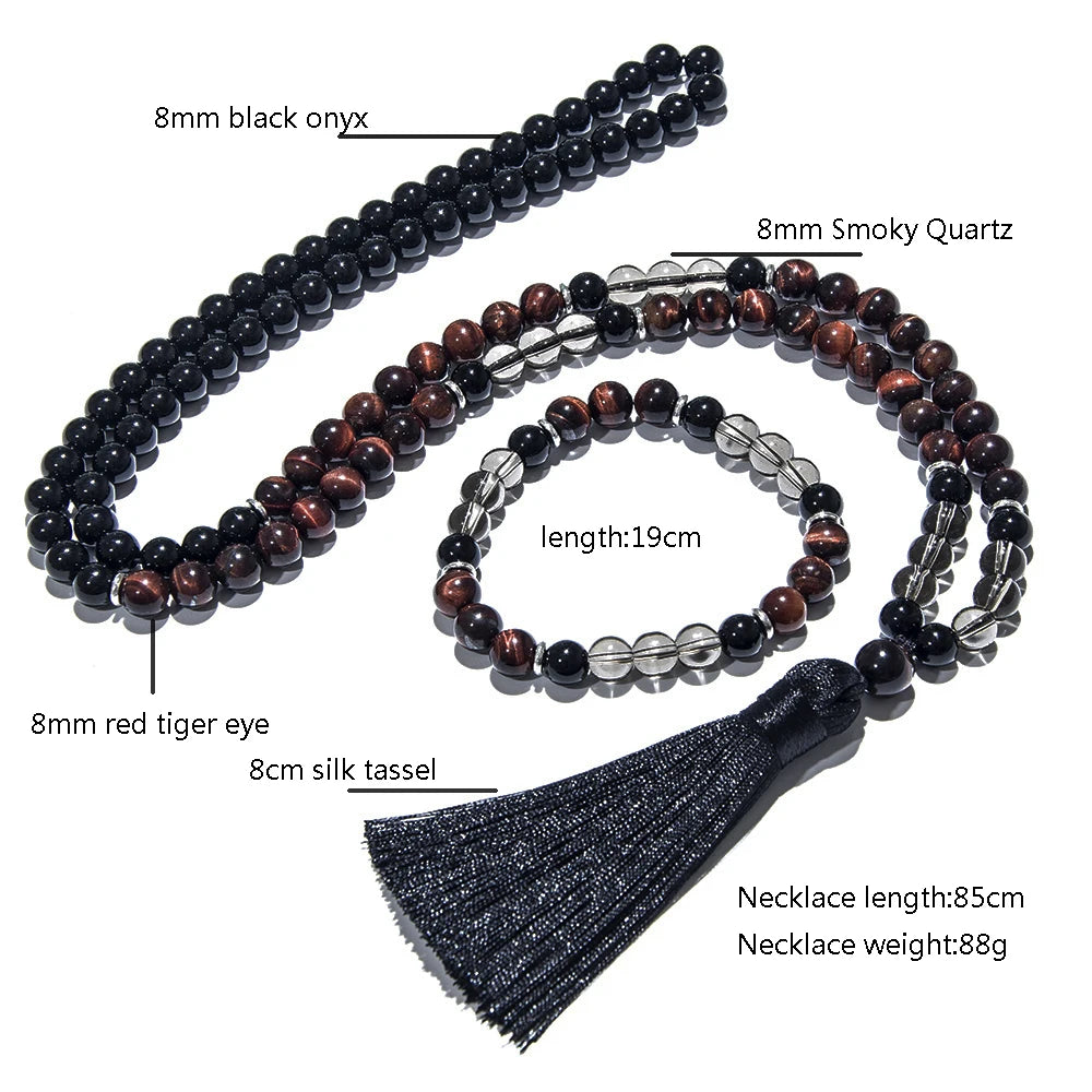 Red Tiger Eye Black Onyx Beaded Necklace Jewelry Set