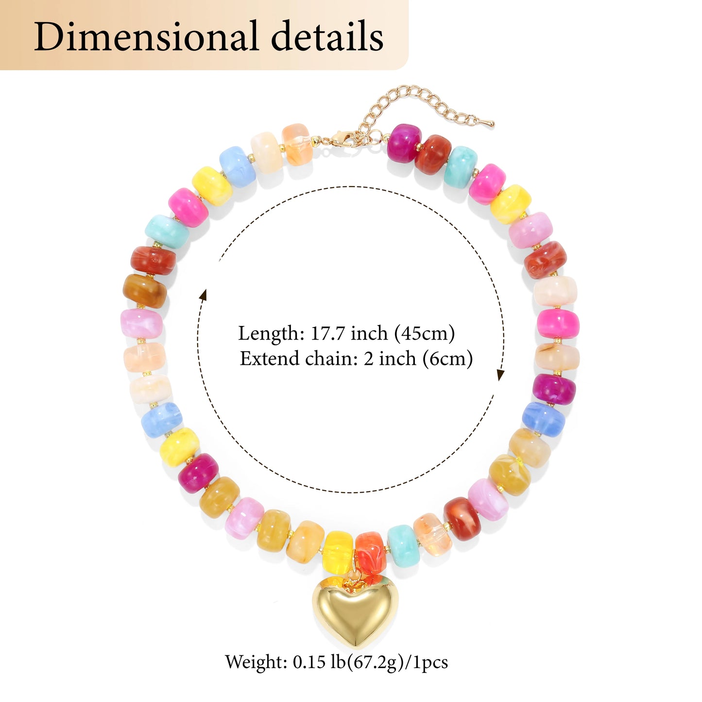 Colorful Crystal Beaded Choker Necklace 14K Gold Plated Heart Pendant