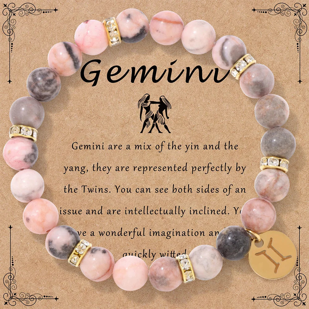 Pink Zebra Stone 12 Star Constellation Sign Beaded Bracelets