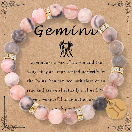 Pink Zebra Stone 12 Star Constellation Sign Beaded Bracelets