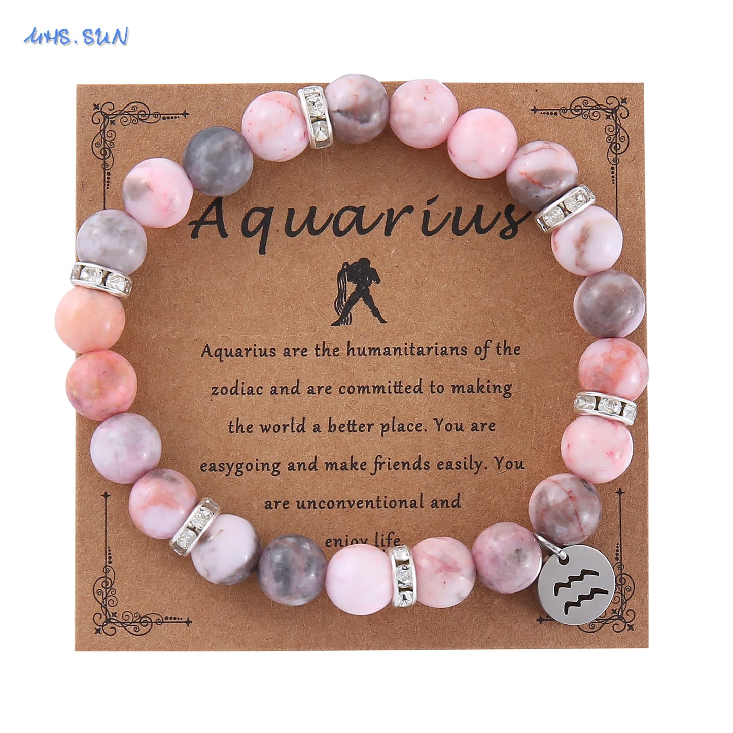 Pink Zebra Stone 12 Star Constellation Sign Beaded Bracelets