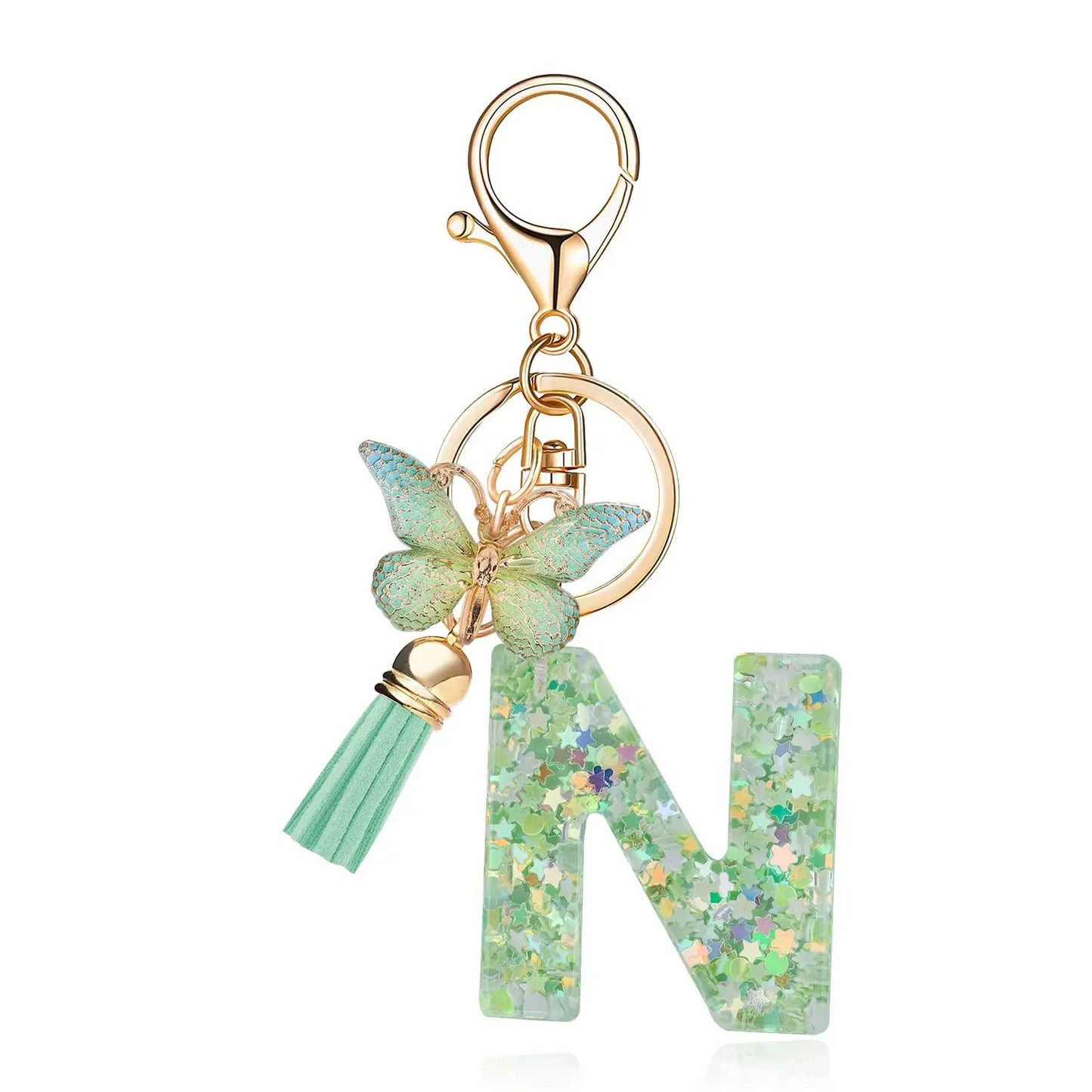 Spring Green Color Glitter Initial Letter Key Chain With Butterfly Tassel Pendant ﻿