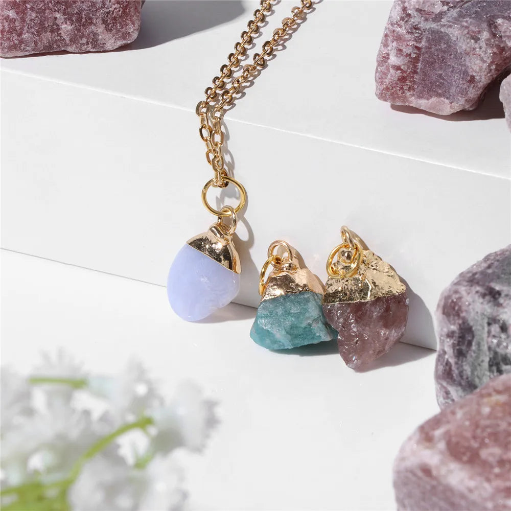 Gold Natural Stone Mineral Charm Necklaces